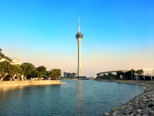 Urban,Landscape,Of,Macau,With,Famous,Traveling,Tower,Under,Blue