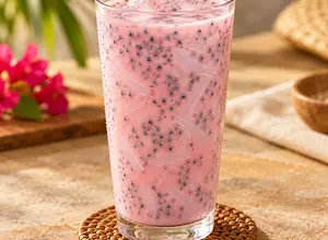 AI-generated illustrative glass of Mauritian alouda with milk, basil seeds and agar jelly