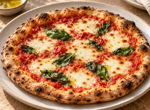 AI-generated illustrative serving: Wood-fired pizza